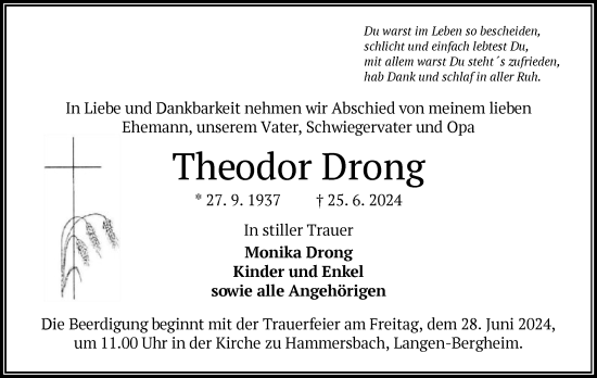 Traueranzeige von Theodor Drong von OF