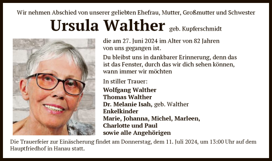 Traueranzeige von Ursula Walther von OF