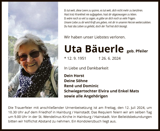 Traueranzeige von Uta Bäuerle von OF