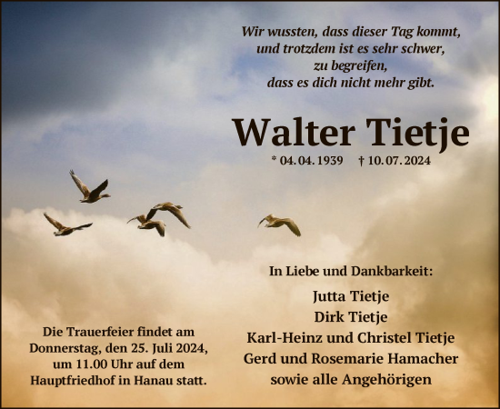 Traueranzeige von Walter Tietje von OF