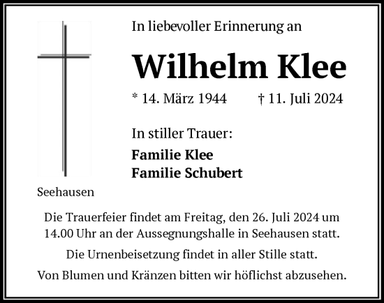 Traueranzeige von Wilhelm Klee von OF