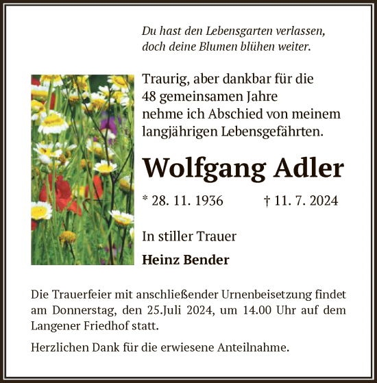 Traueranzeige von Wolfgang Adler von OF