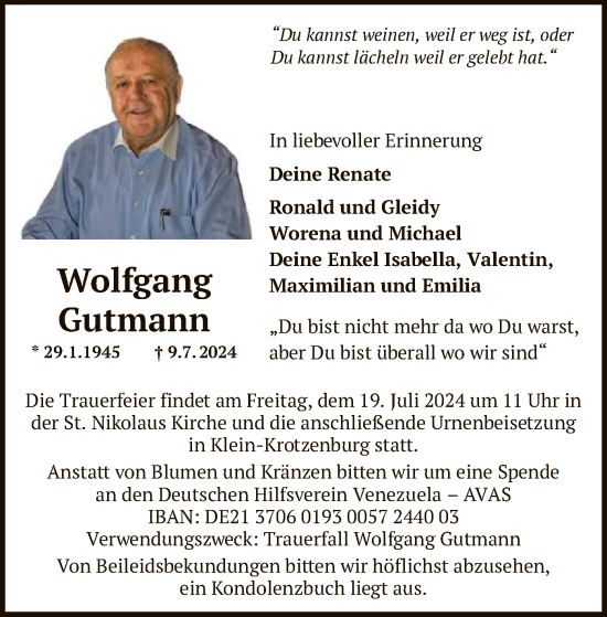 Traueranzeige von Wolfgang Gutmann von OF