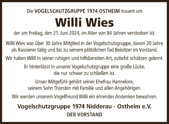 Traueranzeige von Willi Wies von OF