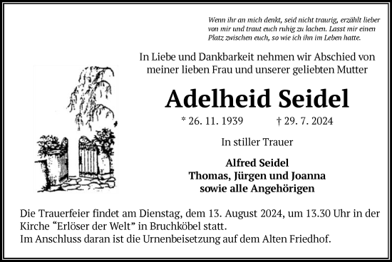 Traueranzeige von Adelheid Seidel von OF