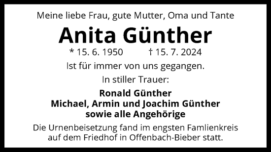 Traueranzeige von Anita Günther von OF