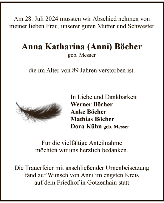 Traueranzeige von Anna Katharina Böcher von OF