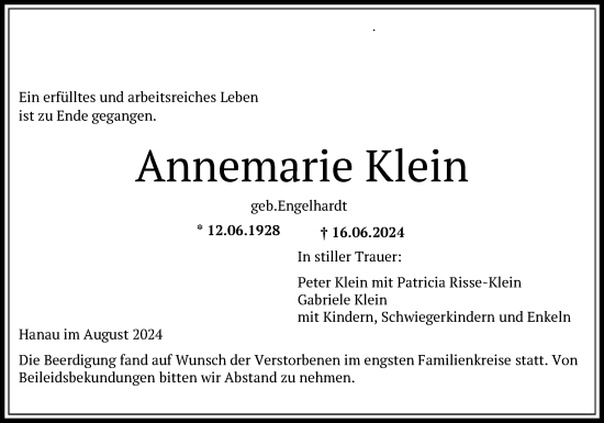 Traueranzeige von Annemarie Klein von OF