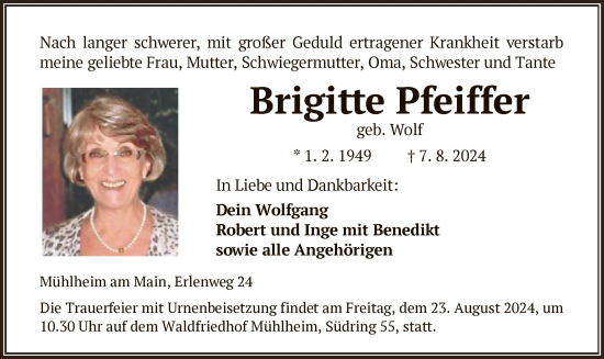 Traueranzeige von Brigitte Pfeiffer von OF