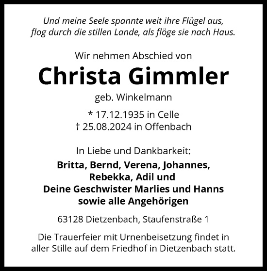 Traueranzeige von Christa Gimmler von OF