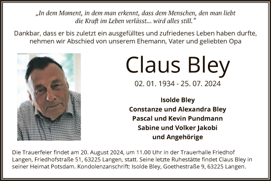 Traueranzeige von Claus Bley von OF