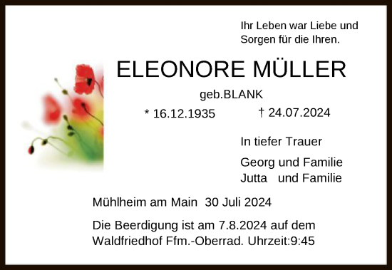 Traueranzeige von Eleomore Müller von OF