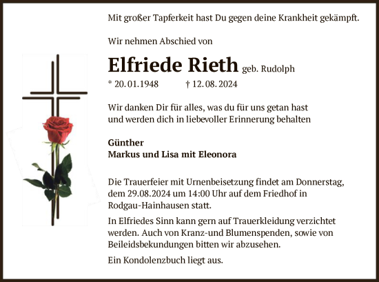 Traueranzeige von Elfriede Rieth von OF