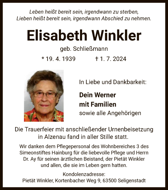 Traueranzeige von Elisabeth Winkler von OF