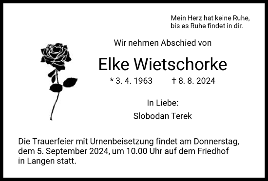 Traueranzeige von Elke Wietschorke von OF