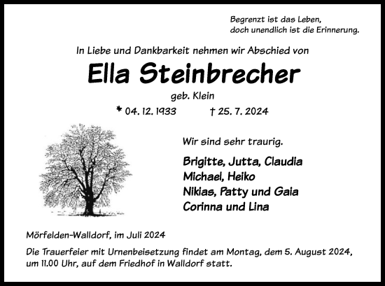 Traueranzeige von Ella Steinbrecher von OF