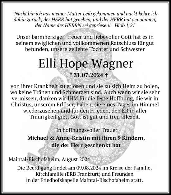 Traueranzeige von Elli Hope Wagner von OF