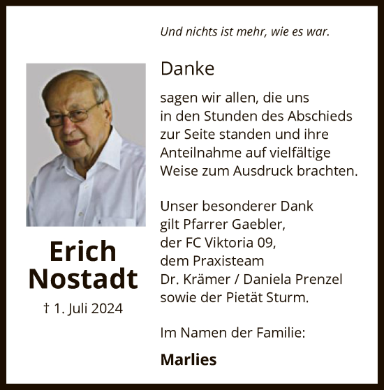 Traueranzeige von Erich Nostadt von OF