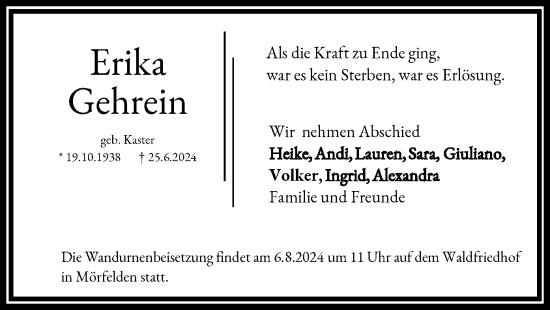 Traueranzeige von Erika Gehrein von OF