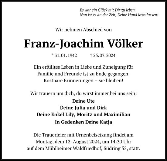 Traueranzeige von Franz-Joachim Völker von OF