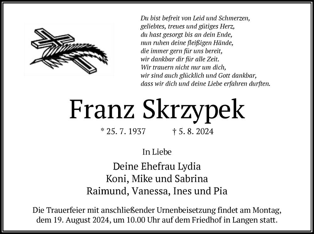  Traueranzeige für Franz Skrzypek vom 10.08.2024 aus OF