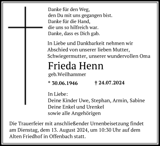 Traueranzeige von Frieda Henn von OF