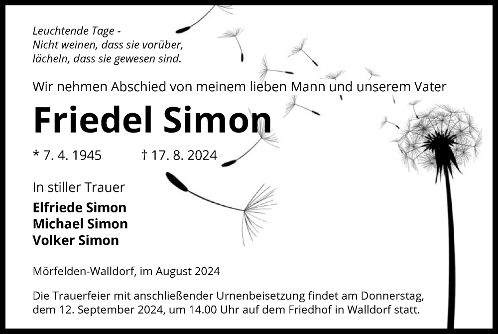  Traueranzeige für Friedel Simon vom 30.08.2024 aus OF