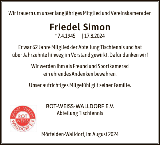 Traueranzeige von Friedel Simon von OF