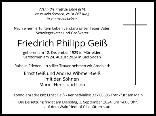 Traueranzeige von Friedrich Philipp Geiß von OF