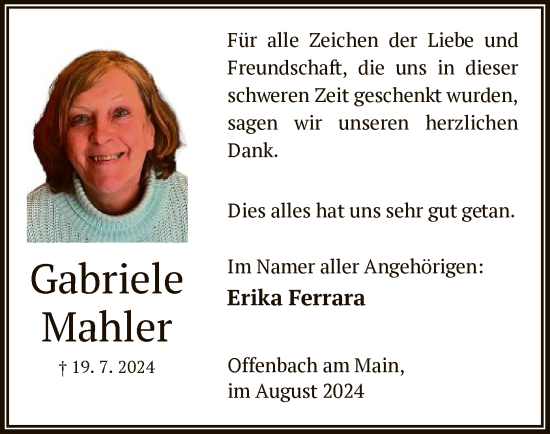 Traueranzeige von Gabriele Mahler von OF