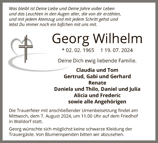 Traueranzeige von Georg Wilhelm von OF