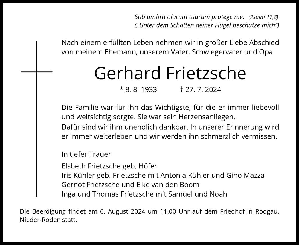  Traueranzeige für Gerhard Frietzsche vom 03.08.2024 aus OF