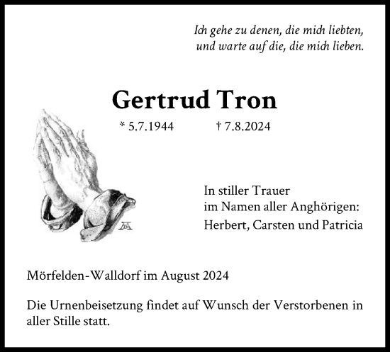 Traueranzeige von Gertrud Tron von OF