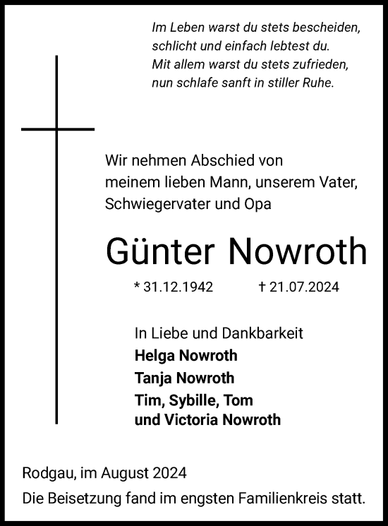 Traueranzeige von Günter Nowroth von OF