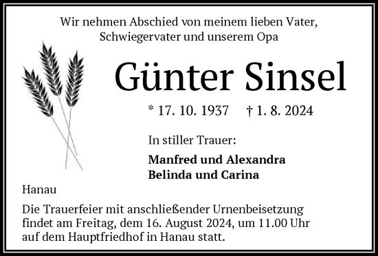 Traueranzeige von Günter Sinsel von OF