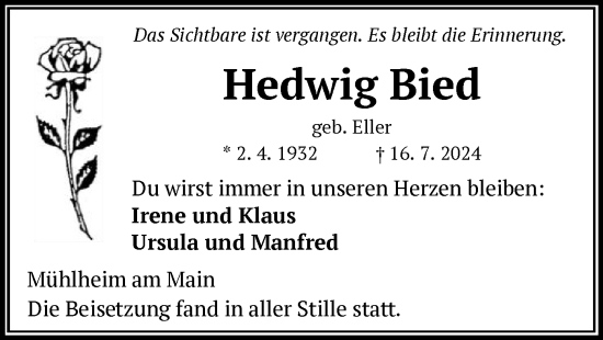 Traueranzeige von Hedwig Bied von OF