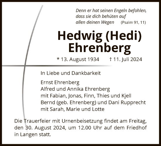 Traueranzeige von Hedwig Ehrenberg von OF