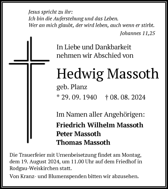 Traueranzeige von Hedwig Massoth von OF