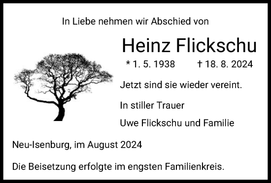 Traueranzeige von Heinz Flickschu von OF