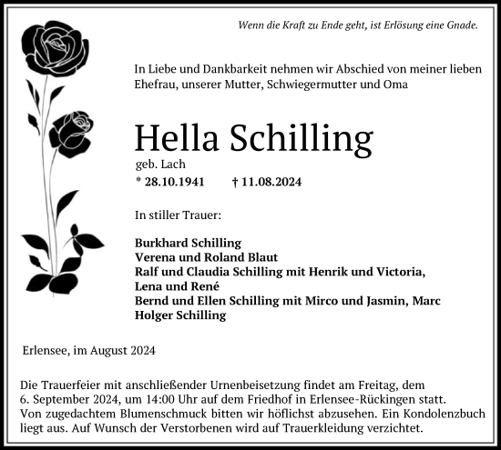 Traueranzeige von Hella Schilling von OF