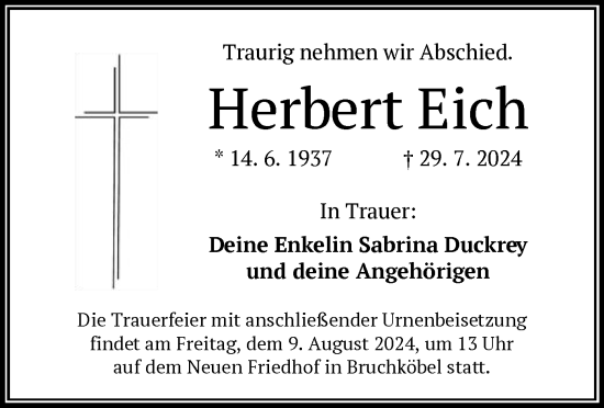 Traueranzeige von Herbert Eich von OF