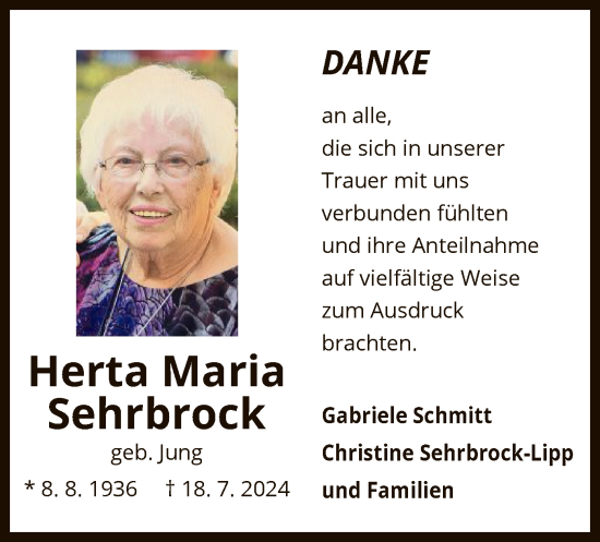 Traueranzeige von Herta Maria Sehrbrock von OF