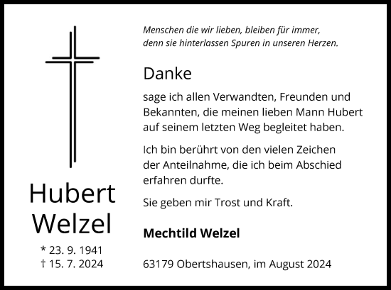 Traueranzeige von Hubert Welzel von OF