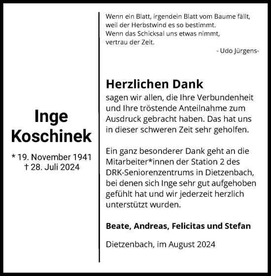 Traueranzeige von Inge Koschinek von OF