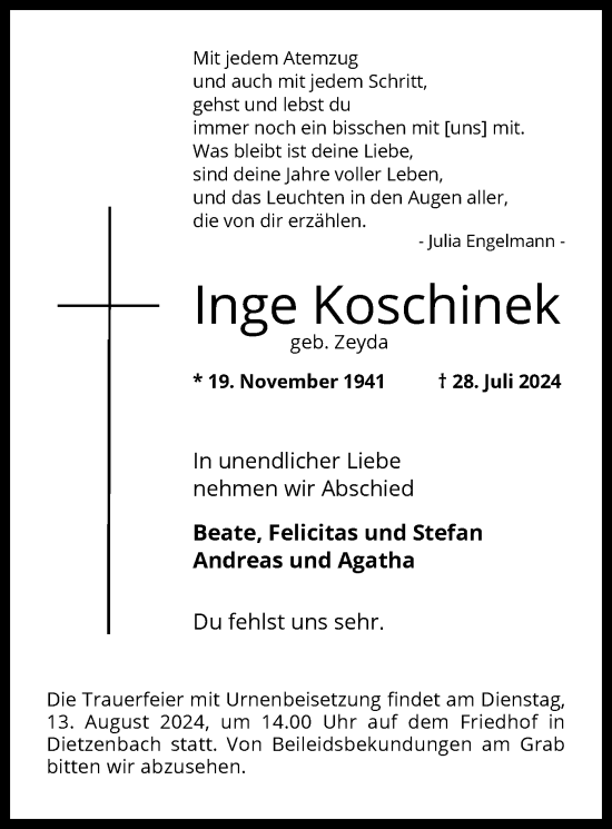 Traueranzeige von Inge Koschinek von OF