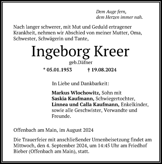 Traueranzeige von Ingeborg Kreer von OF