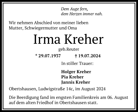 Traueranzeige von Irma Kreher von OF