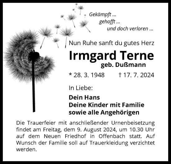 Traueranzeige von Irmgard Terne von OF