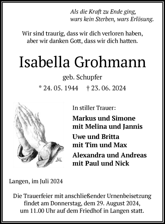 Traueranzeige von Isabella Grohmann von OF