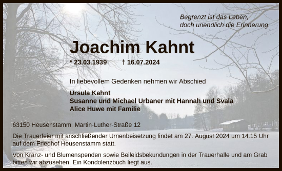 Traueranzeige von Joachim Kahnt von OF